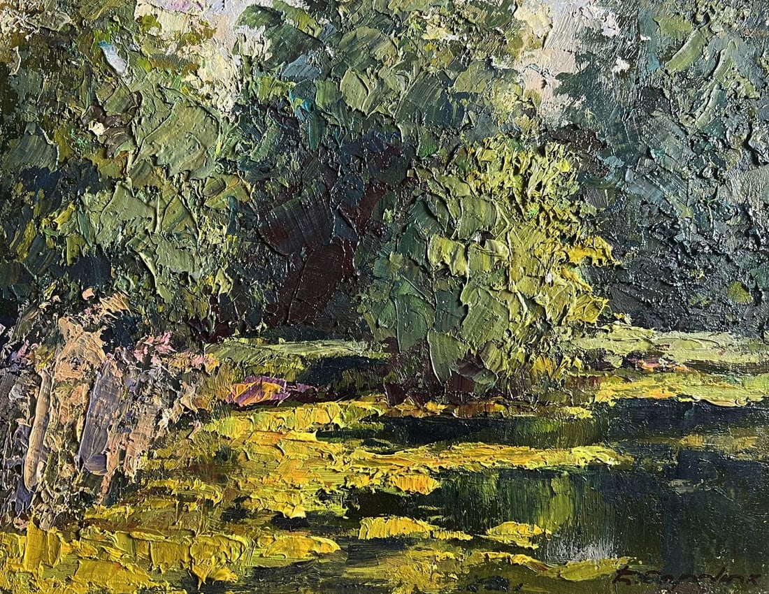 Oil painting In the forest pond Boris Serdyuk: Title: Oil painting In the forest pond Boris Serdyuk Description: №AAA3761 This oil painting cardboard, titled "In the forest pond", captures a serene and picturesque forest pond bathed in sunli