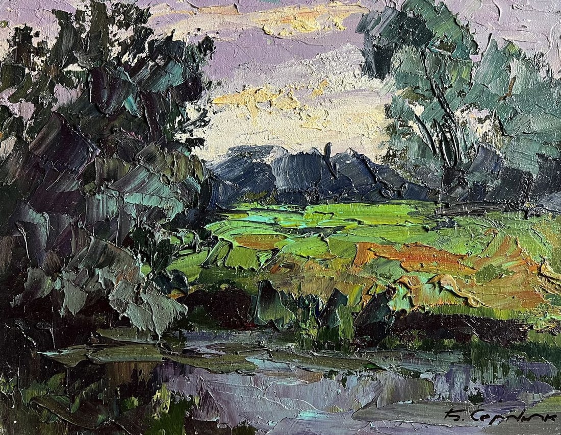 Oil painting In the evening on the meadow Boris Serdyuk: Title: Oil painting In the evening on the meadow Boris Serdyuk Description: №AAA3763 This oil painting cardboard, titled "In the evening on the meadow", The painting is composed with a balanced