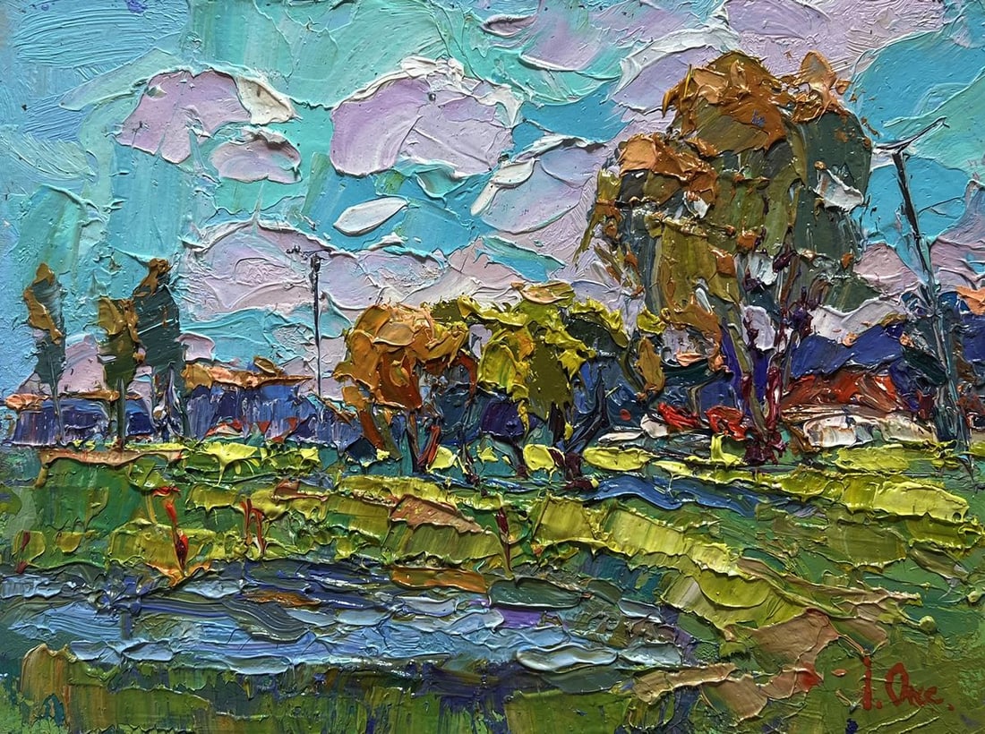 Oil painting Near the village lake Oksana Kalenyuk: Title: Oil painting Near the village lake Oksana Kalenyuk Description: №AAA3944 This oil painting cardboard, titled "Near the village lake", the composition is balanced between the lush foregrou