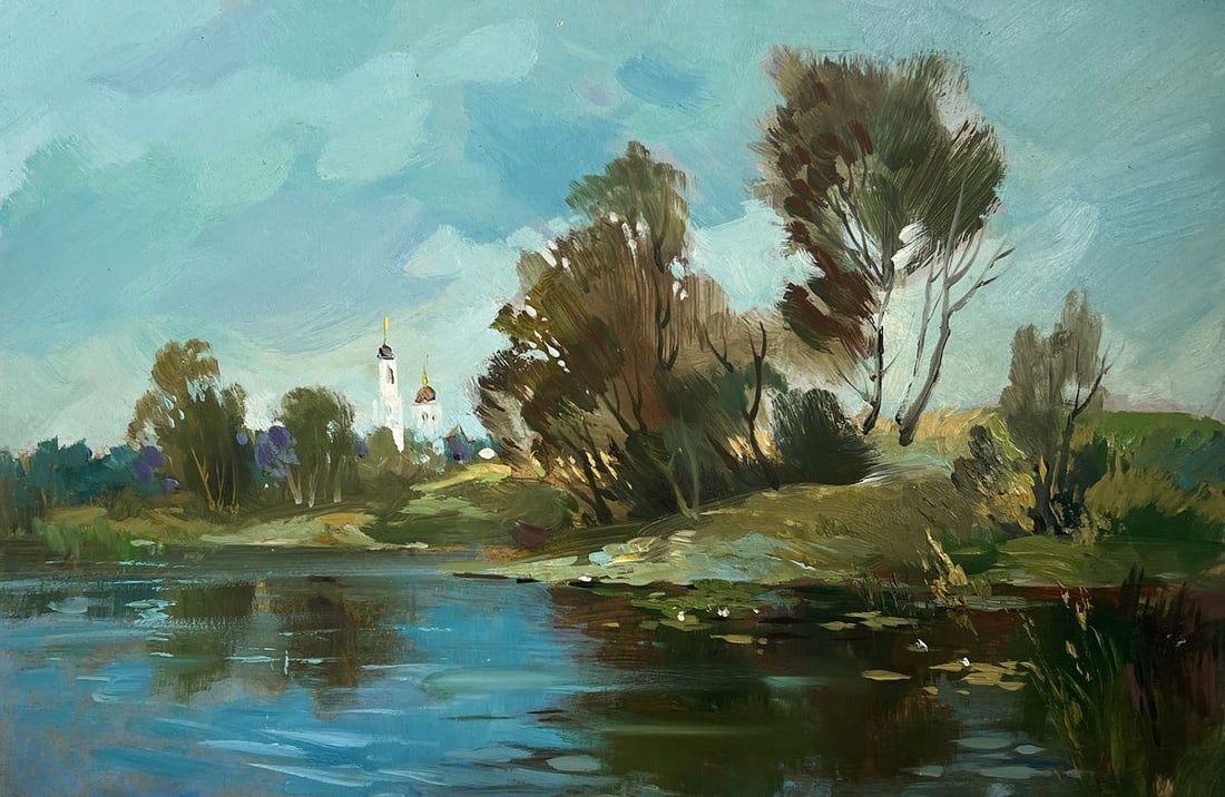 Oil painting There is a lake behind the village Yuriy Suprunchuk: Title: Oil painting There is a lake behind the village Yuriy Suprunchuk Description: №AAA4175 The painting titled "There is a lake behind the village" depicts a peaceful rural landscape, where n