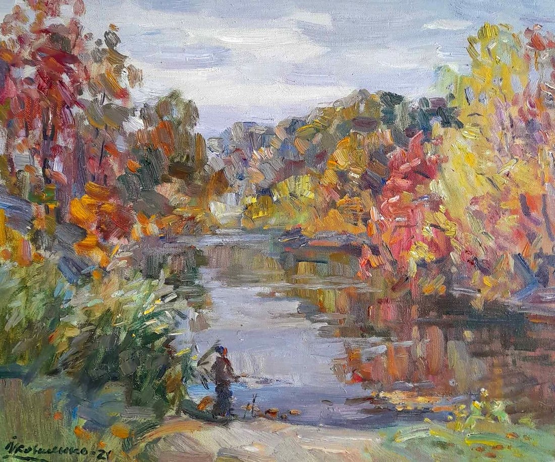 Oil painting Fishing Ivan Kovalenko: Title: Oil painting Fishing Ivan Kovalenko Description: №Koval 205 The painting "Fishing" by Ukrainian artist Kovalenko Ivan depicts a peaceful riverside scene, with vibrant autumnal trees refle