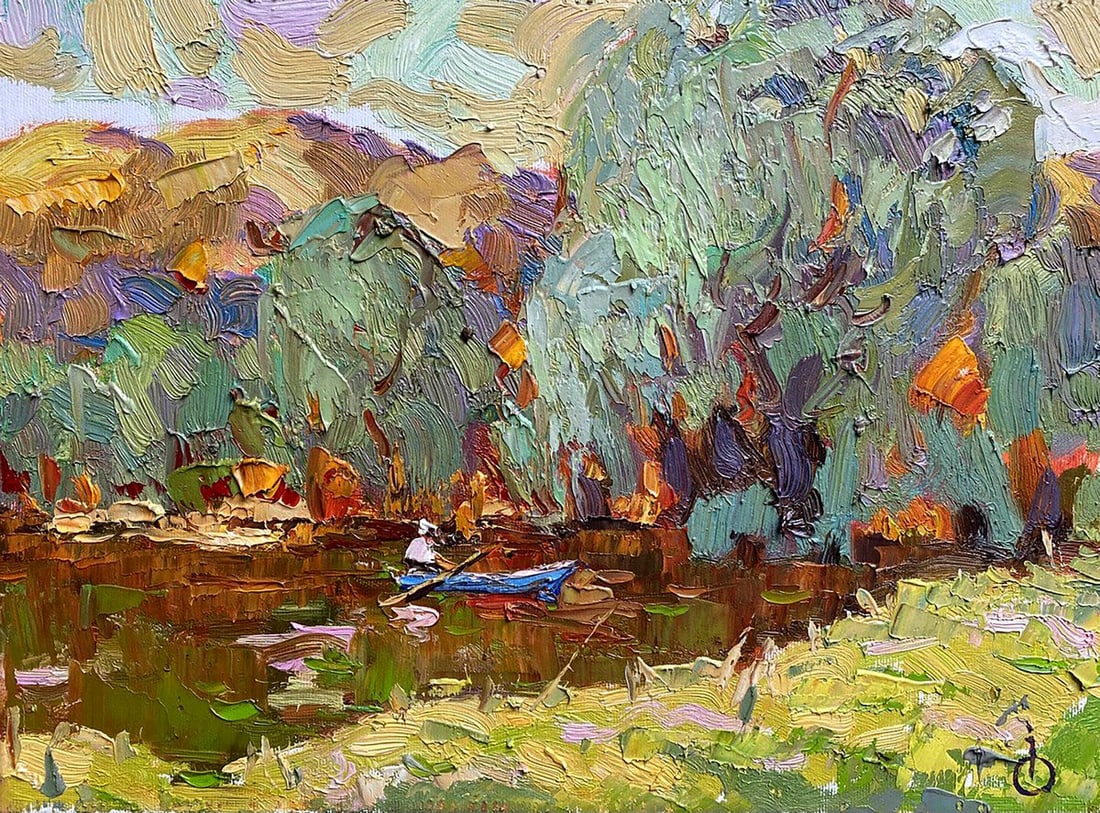Oil painting Willow above the pond Alex Kalenyuk: Title: Oil painting Willow above the pond Alex Kalenyuk Description: №Kalen 1302"Willow above the Pond" is a vivid oil painting that encapsulates a serene moment beside a body of water, rendered