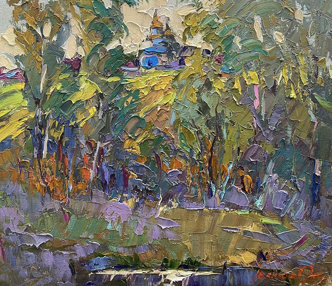 Oil painting Behind the village on the lake Oksana Kalenyuk: Title: Oil painting Behind the village on the lake Oksana Kalenyuk Description: №Kalen 1394"Behind the Village on the Lake" is a captivating landscape painting that invites viewers into a serene