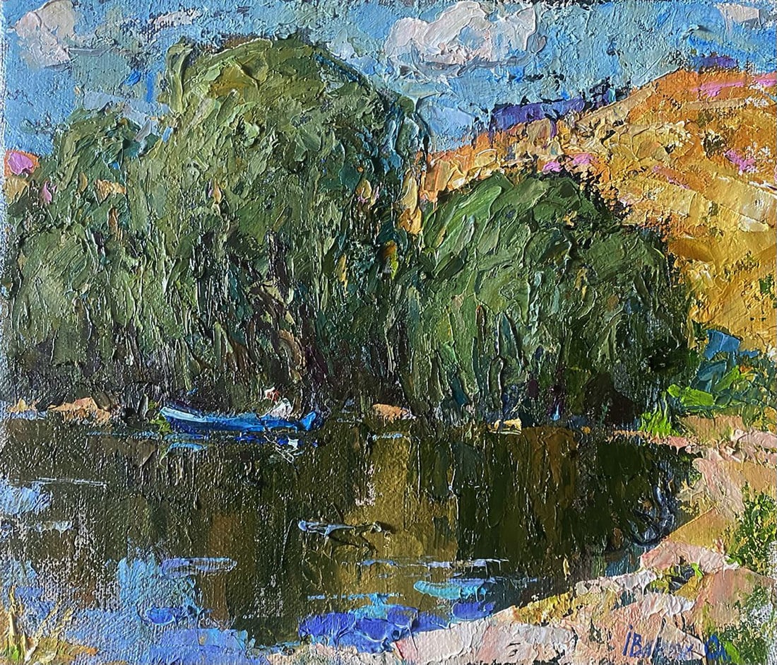 Oil painting In a boat on the lake Alex Kalenyuk: Title: Oil painting In a boat on the lake Alex Kalenyuk Description: №Kalen 1430 The painting "In a Boat on the Lake" depicts a tranquil scene of a serene lake, where a small blue boat floats ge