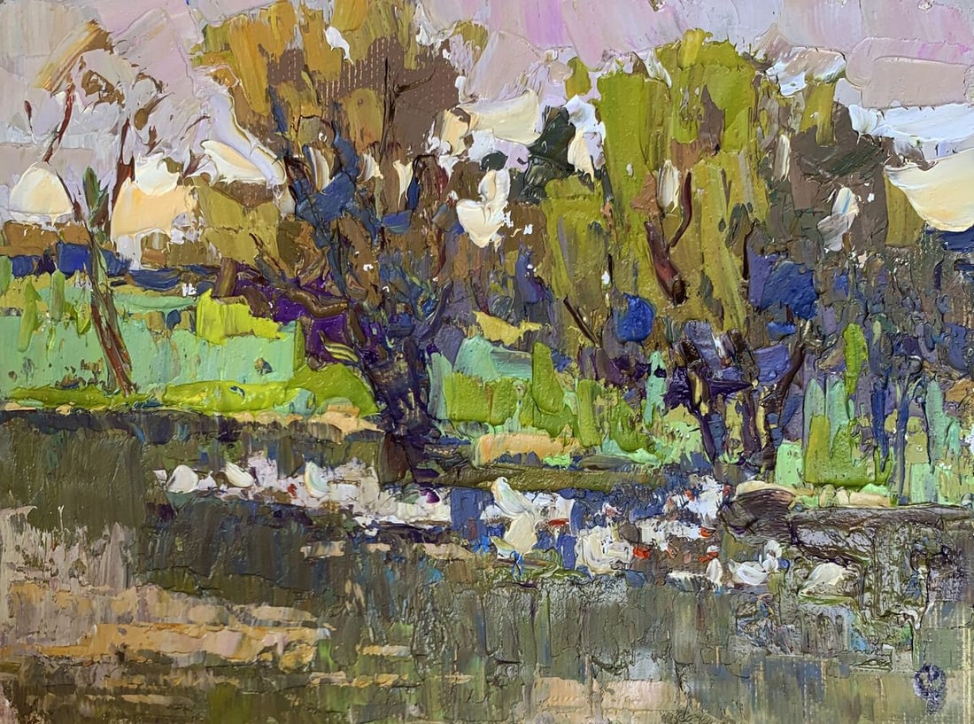 Oil painting Geese in the lake Oksana Kalenyuk: Title: Oil painting Geese in the lake Oksana Kalenyuk Description: №AAA3273 The painting "Geese in the Lake" is an expressive and textured oil on canvas piece that captures the serene and lively