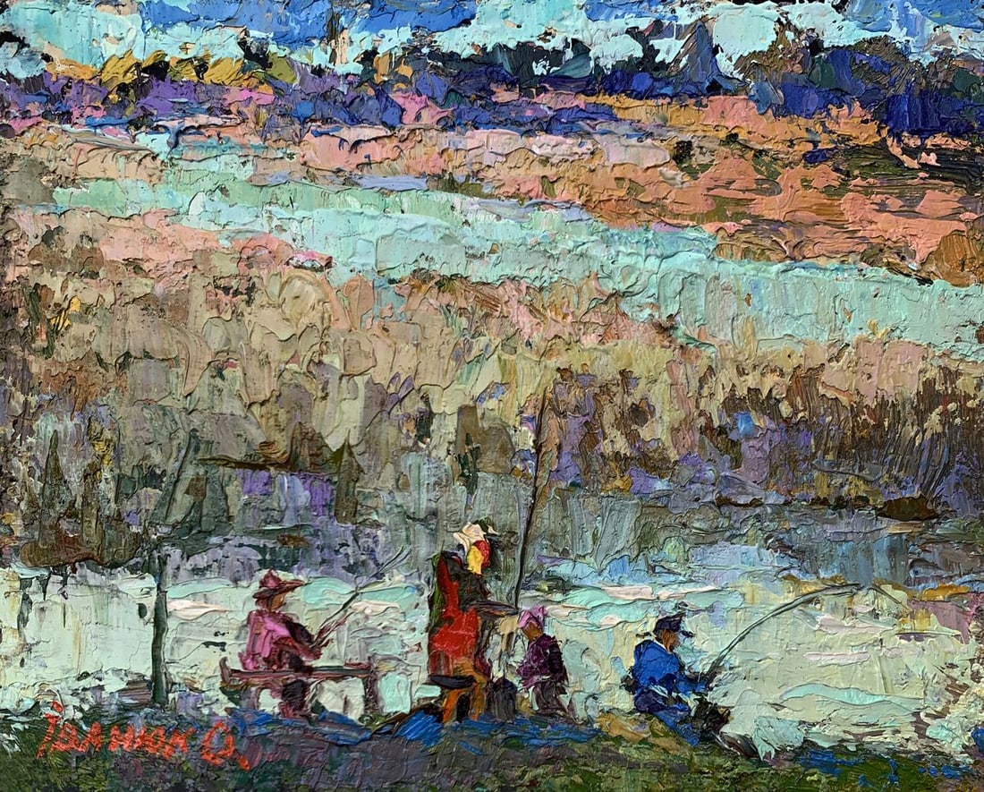 Oil painting Fishing with friends Oksana Kalenyuk: Title: Oil painting Fishing with friends Oksana Kalenyuk Description: №AAA3512 The painting "Fishing with Friends" is a vibrant and textured depiction of a tranquil yet lively scene by the