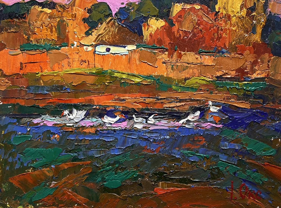 Oil painting Evening by the lake Oksana Kalenyuk: Title: Oil painting Evening by the lake Oksana Kalenyuk Description: №AAA3853 This oil painting cardboard, titled "Evening by the lake", The painting conveys a peaceful moment in nature, where t