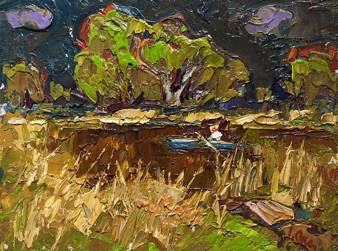 Oil painting Going fishing after the rain Oksana Kalenyuk: Title: Oil painting Going fishing after the rain Oksana Kalenyuk Description: №AAA3858 This oil painting cardboard, titled "Going fishing after the rain", the artist employs an impasto technique