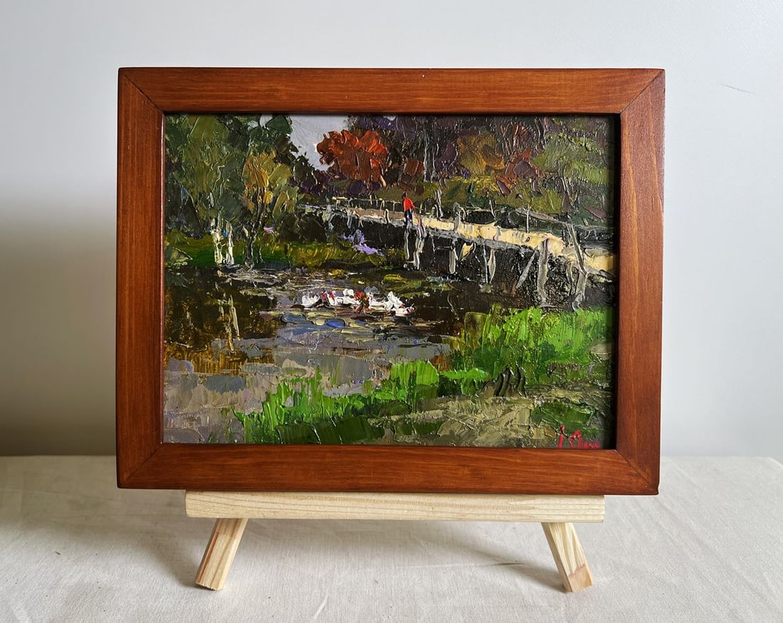 Oil painting Ducks on the lake near the bridge Oksana Kalenyuk - 2