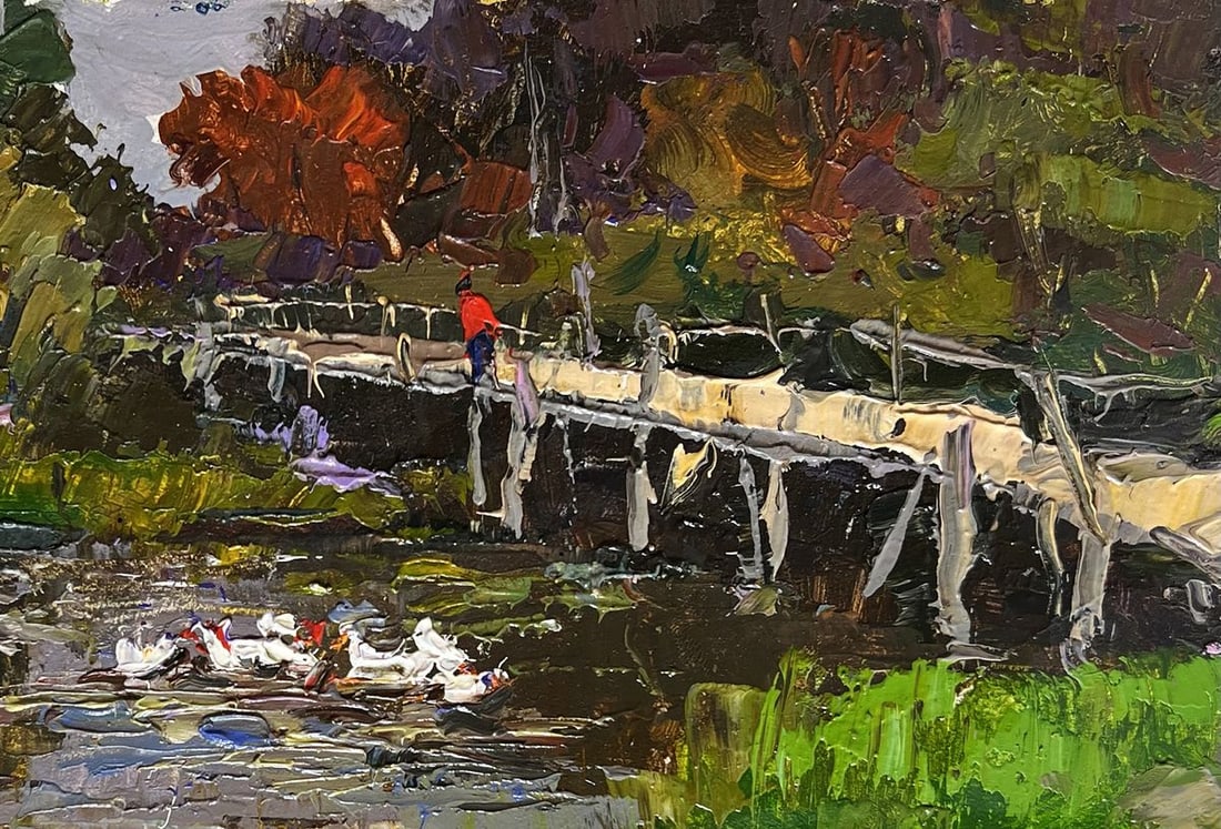 Oil painting Ducks on the lake near the bridge Oksana Kalenyuk - 6