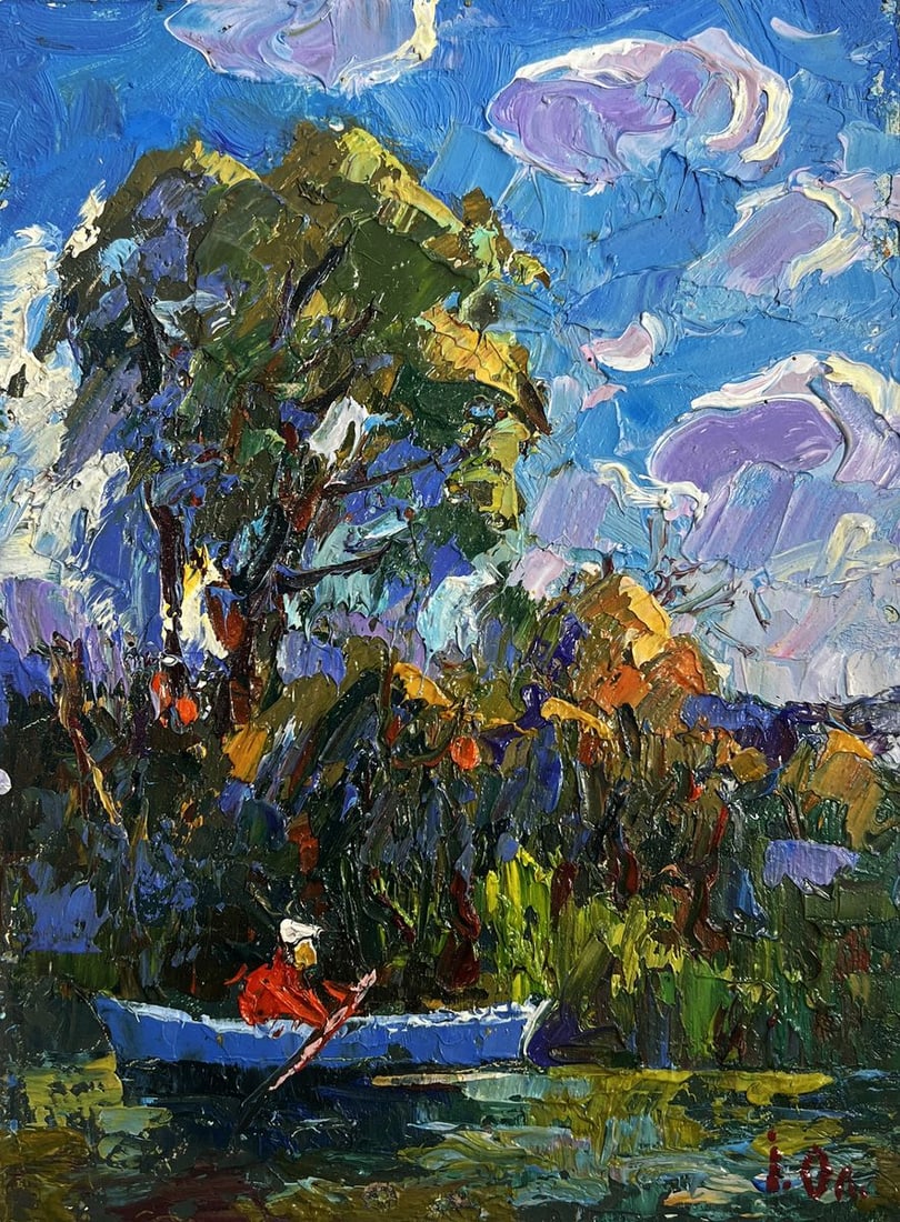 Oil painting Early morning on a boat Alex Kalenyuk: Title: Oil painting Early morning on a boat Alex Kalenyuk Description: №AAA4084 This oil painting cardboard, titled "Early morning on a boat", the composition presents a serene moment as the vie