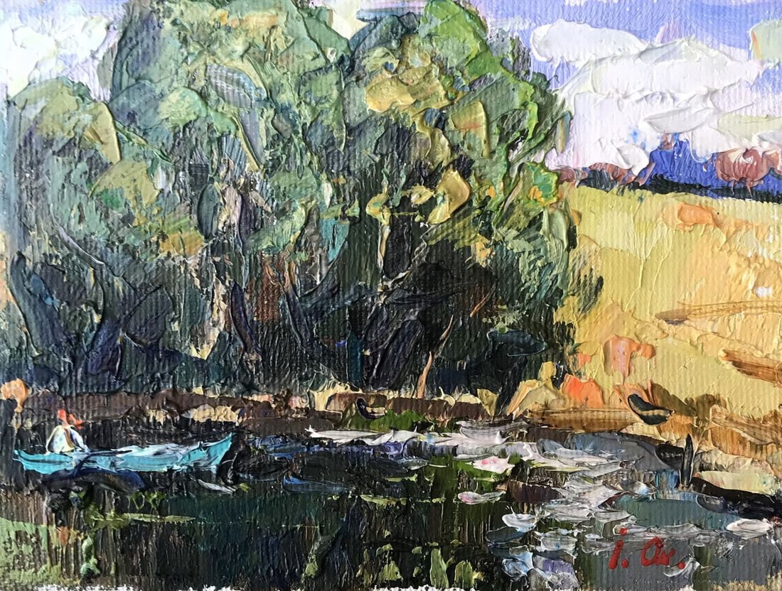 Oil painting Above the pond Kalenyuk Oksana: Title: Oil painting Above the pond Kalenyuk Oksana Description: №AAA3057"Over the Pond" is a captivating oil painting that transports viewers to a tranquil and idyllic summer landscape. This