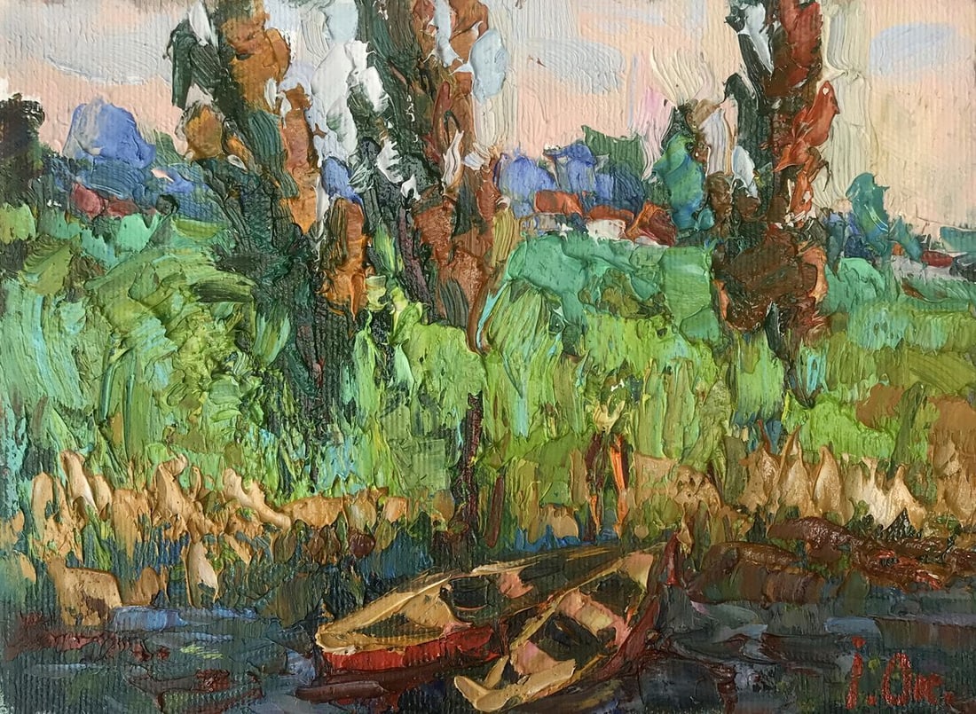 Oil painting Backwater Oksana Kalenyuk: Title: Oil painting Backwater Oksana Kalenyuk Description: №AAA3207"Backwater" is an oil painting that vividly captures the essence of a secluded and tranquil marshland. The artist employs a ric