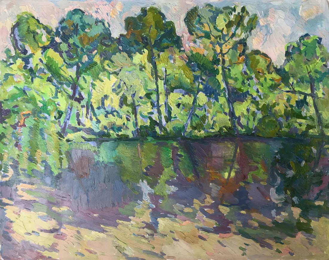 Oil painting Early morning Peter Tovpev: Title: Oil painting Early morning Peter Tovpev Description: №AAA2232 This oil painting depicts a beautiful summer morning by a forest pond. The sun is just peeking through the trees, and the wat