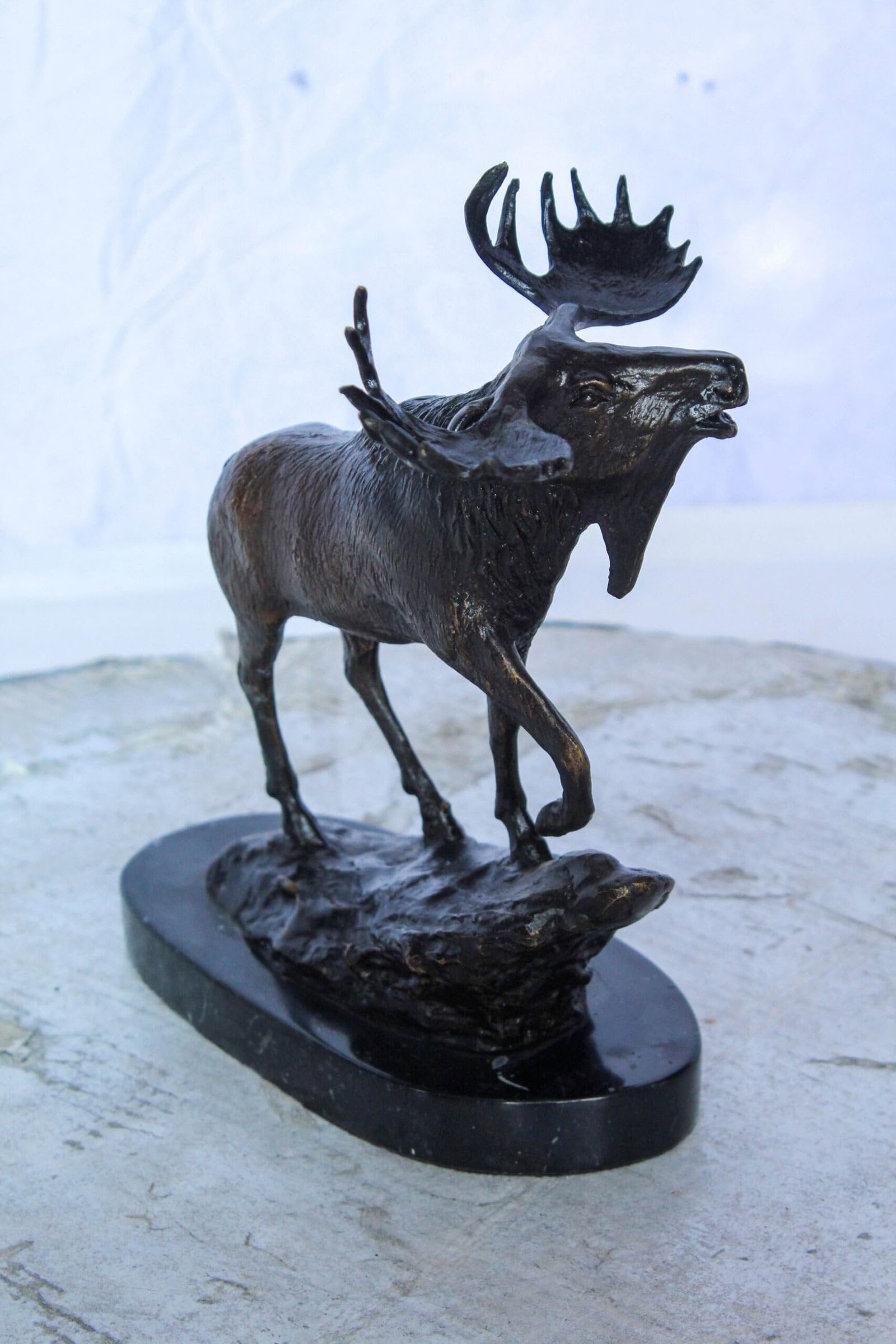 Bronze Moose Statue on Marble Base with Antlers Raised 10" x 6" x 9"H - 10