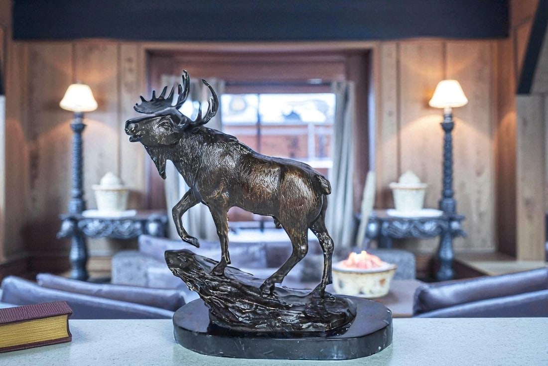 Bronze Moose Statue on Marble Base with Antlers Raised 10" x 6" x 9"H - 2