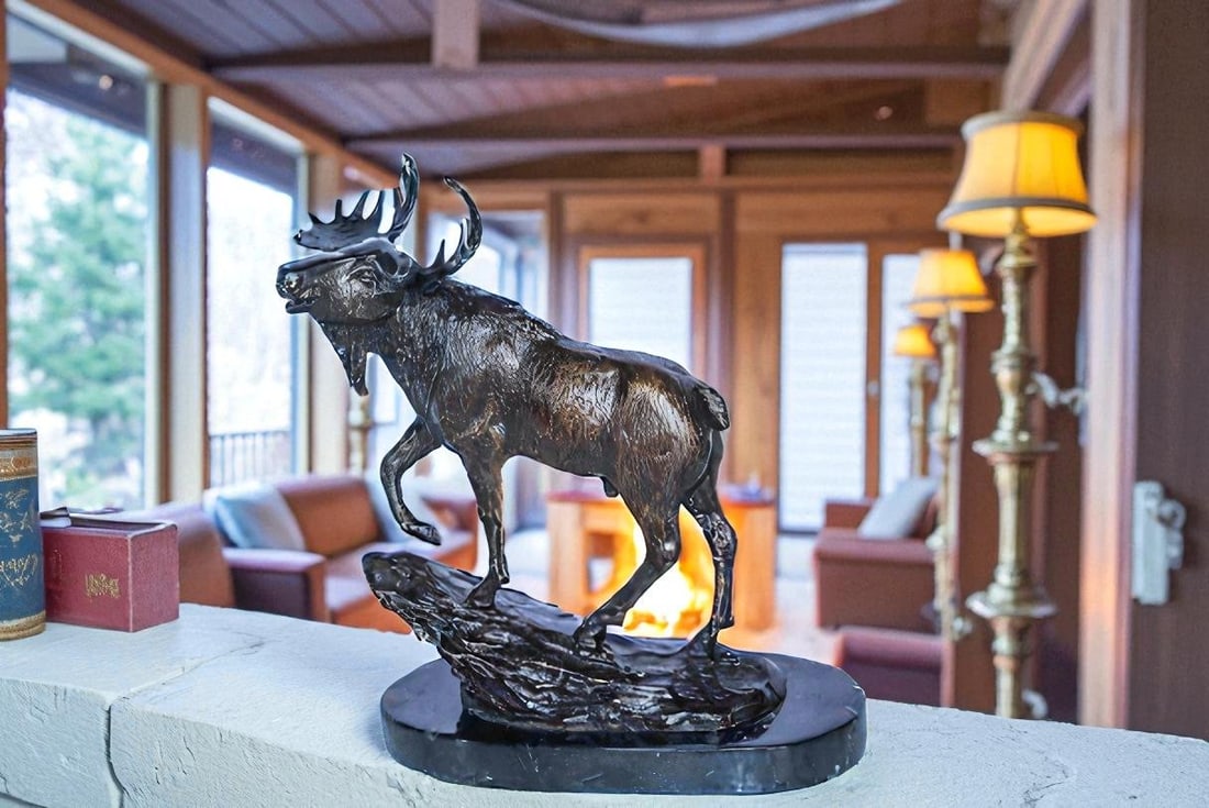 Bronze Moose Statue on Marble Base with Antlers Raised 10" x 6" x 9"H - 3