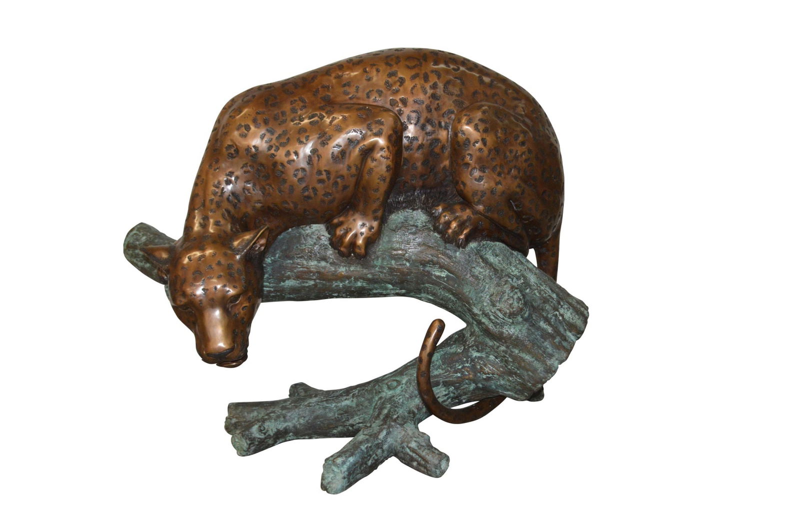 Leopard on a Tree Trunk Bronze Statue - Size: 38"L x 34"W x 36"H.: Title:Leopard on a Tree Trunk Bronze Statue - Size: 38"L x 34"W x 36"H. Description:This large statue of a stalking Leopard is handmade and cast in the traditional lost wax casting process. This is a