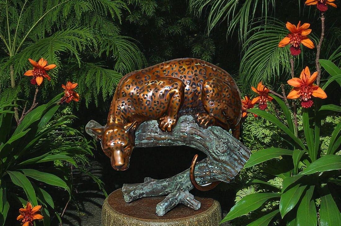 Leopard on a Tree Trunk Bronze Statue - Size: 38"L x 34"W x 36"H. - 2