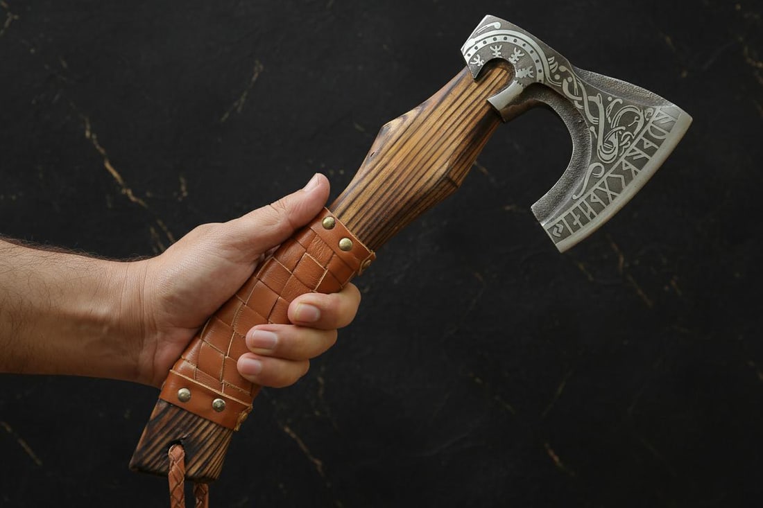 Lot of 8 Hand Forged Viking Axes, Etched Carbon Steel Blades with Ashwood Handles - 2