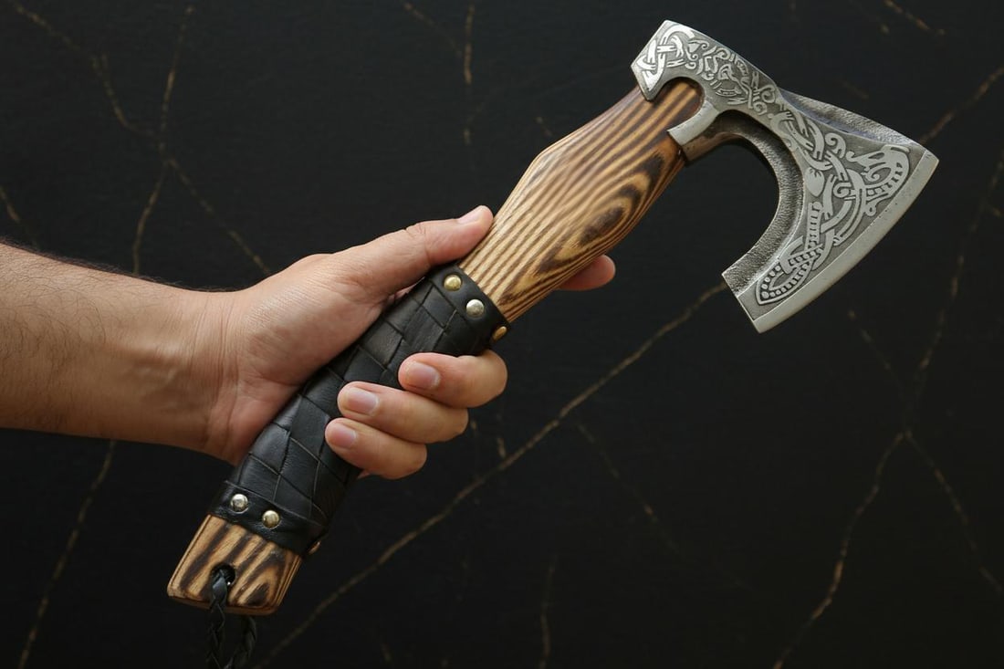 Lot of 8 Hand Forged Viking Axes, Etched Carbon Steel Blades with Ashwood Handles - 3