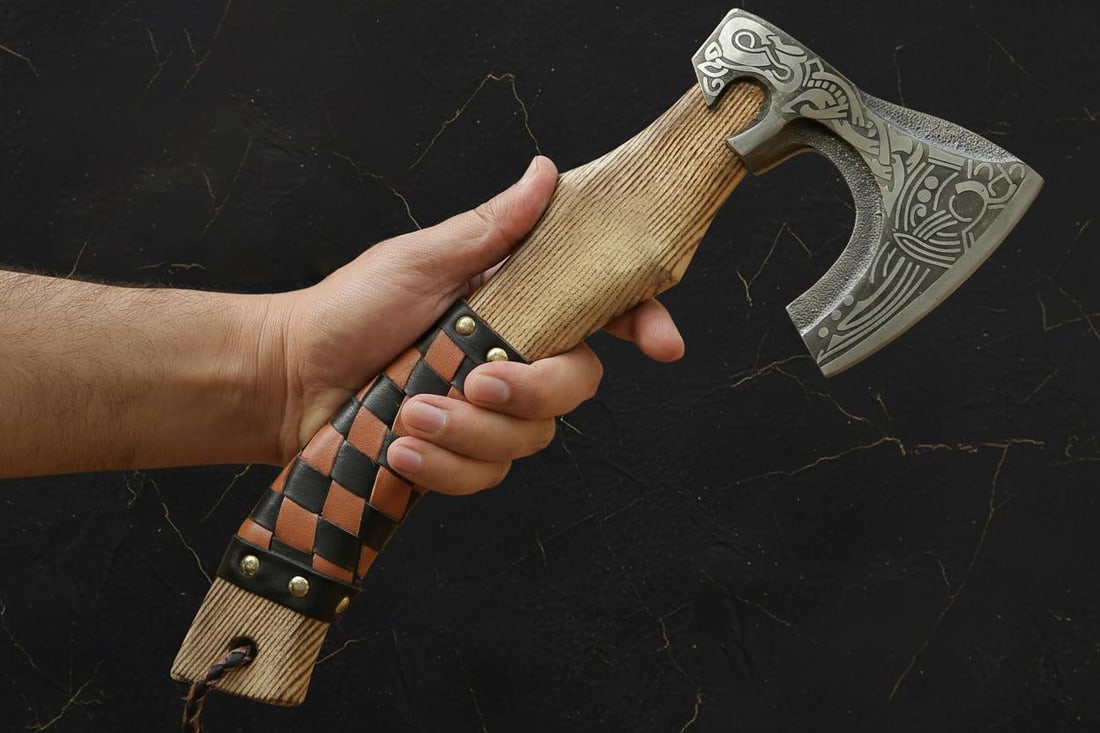 Lot of 8 Hand Forged Viking Axes, Etched Carbon Steel Blades with Ashwood Handles - 4