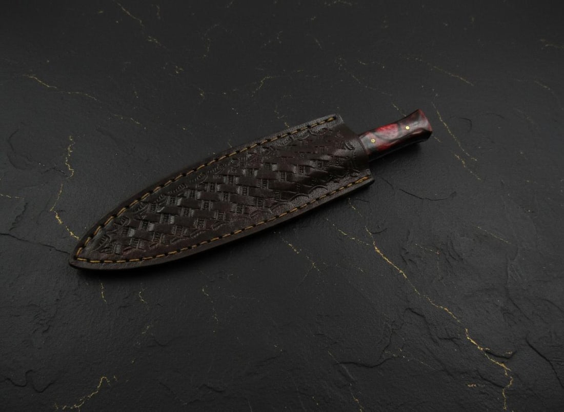 Handmade Damascus Steel Spear Point Knife, Custom Fixed Blade with Sheath - 6