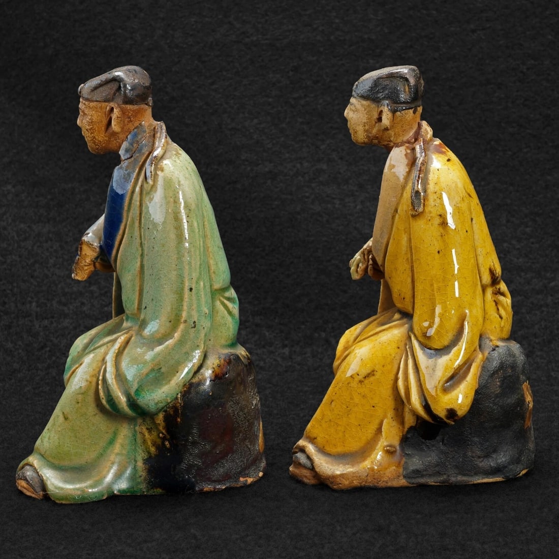 Pair 1930s Chinese Shiwan Scholar Figures - 7