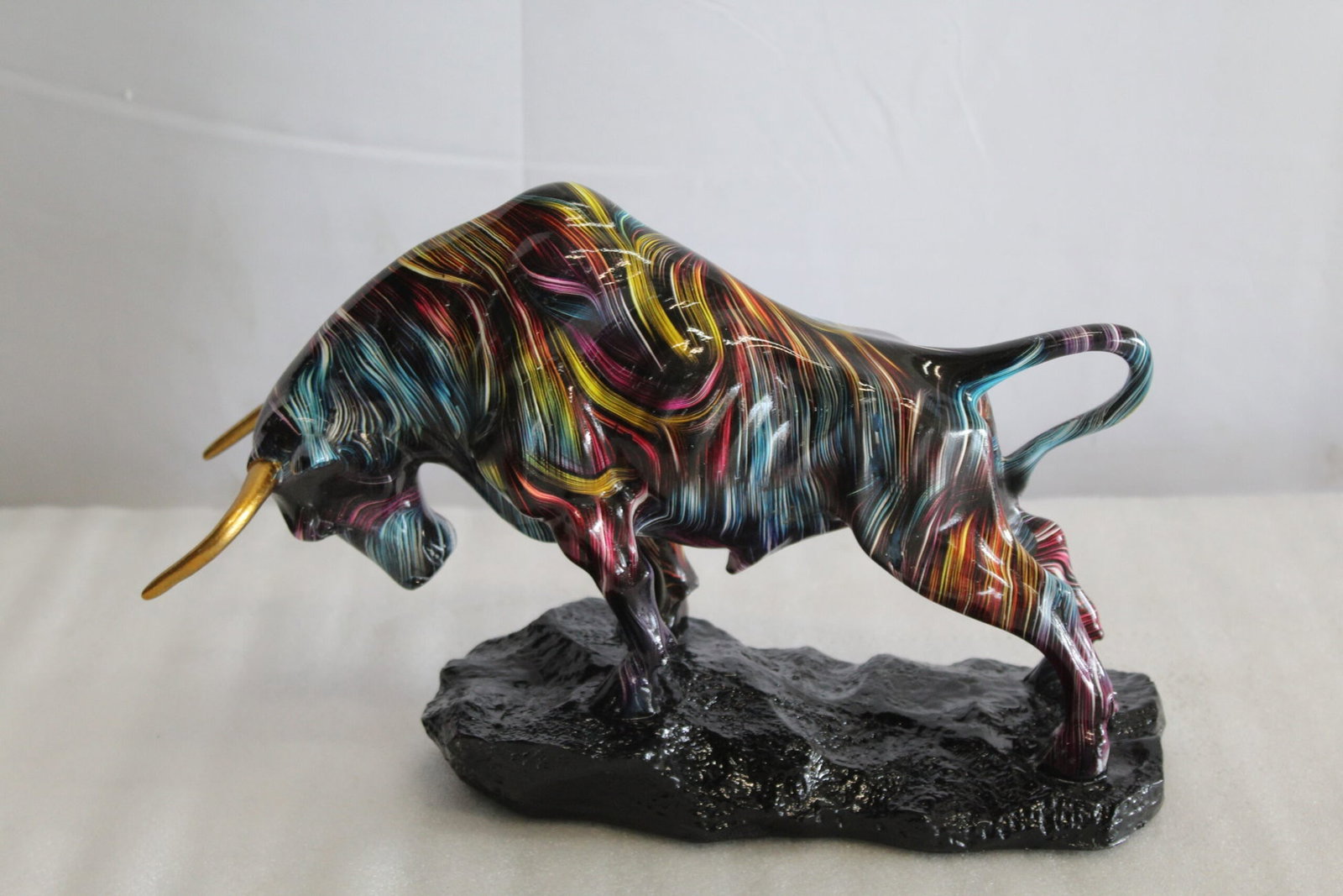 Resin Bull Statue- Multicolor Swirl Indoor/Outdoor Charging Bull Sculpture,Abstract Yellow,Blue,Red - 11
