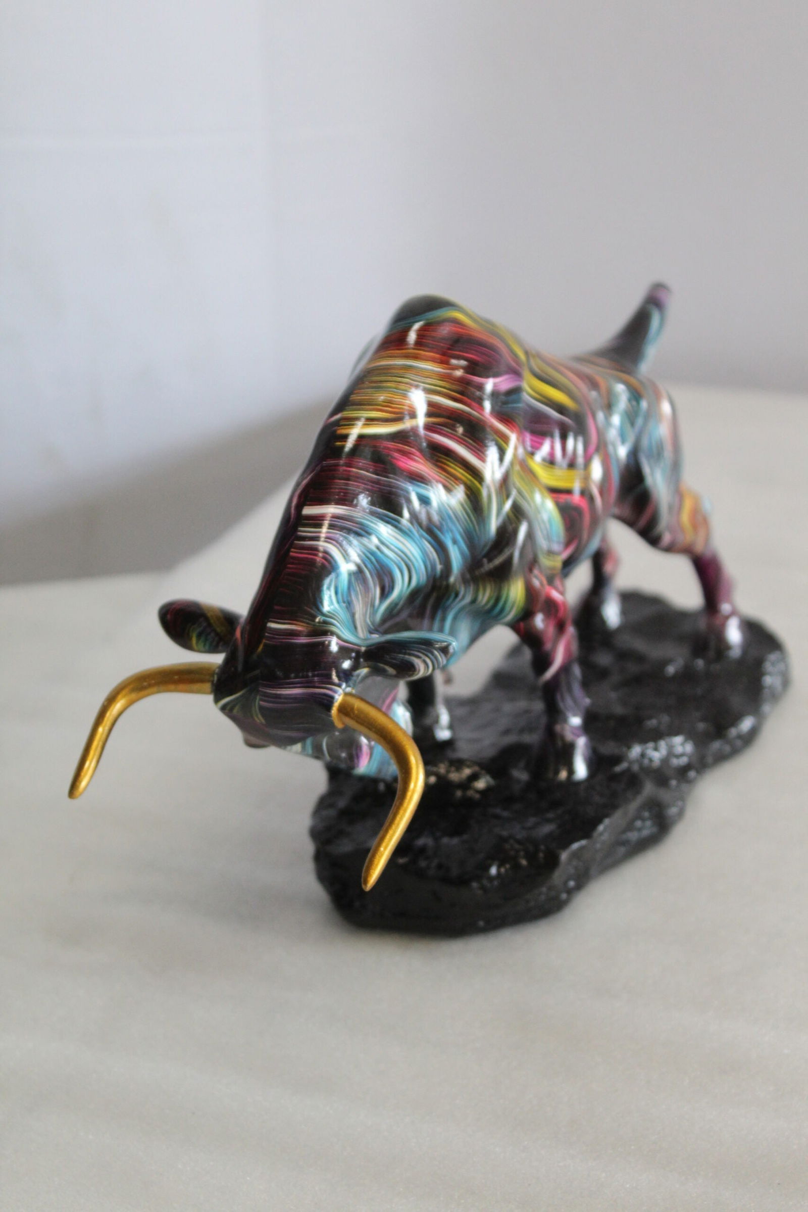 Resin Bull Statue- Multicolor Swirl Indoor/Outdoor Charging Bull Sculpture,Abstract Yellow,Blue,Red - 2