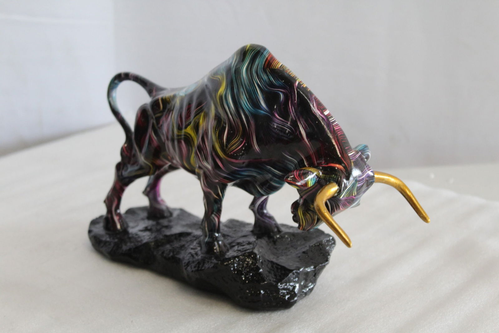 Resin Bull Statue- Multicolor Swirl Indoor/Outdoor Charging Bull Sculpture,Abstract Yellow,Blue,Red - 4