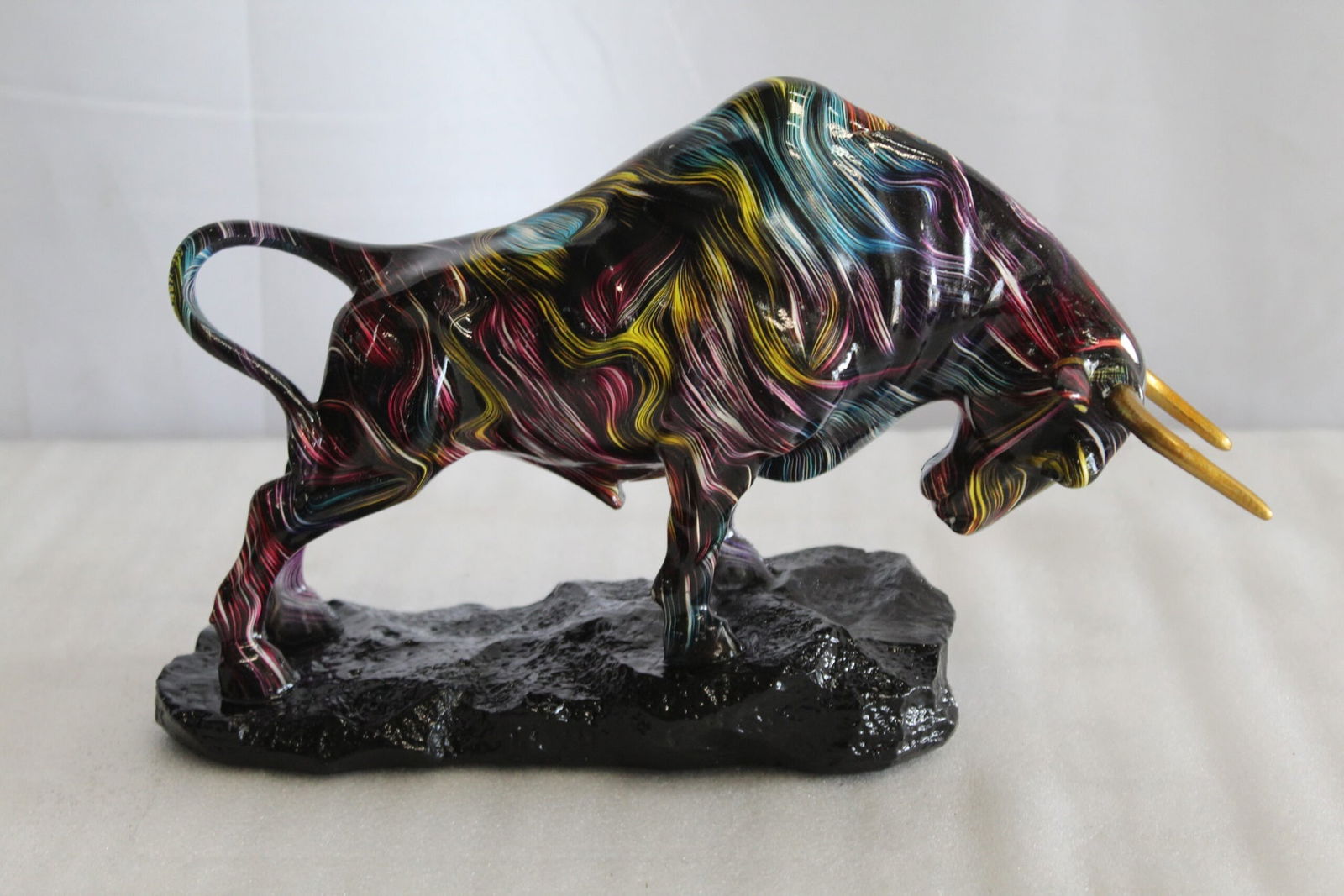Resin Bull Statue- Multicolor Swirl Indoor/Outdoor Charging Bull Sculpture,Abstract Yellow,Blue,Red - 5