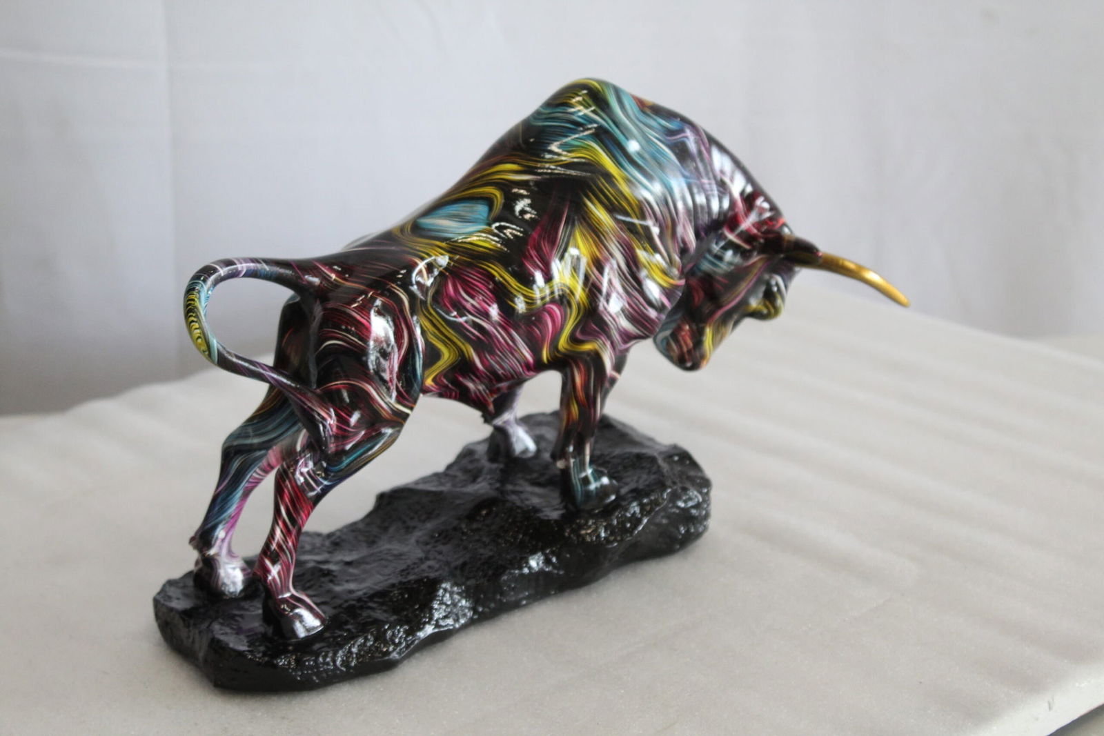 Resin Bull Statue- Multicolor Swirl Indoor/Outdoor Charging Bull Sculpture,Abstract Yellow,Blue,Red - 6