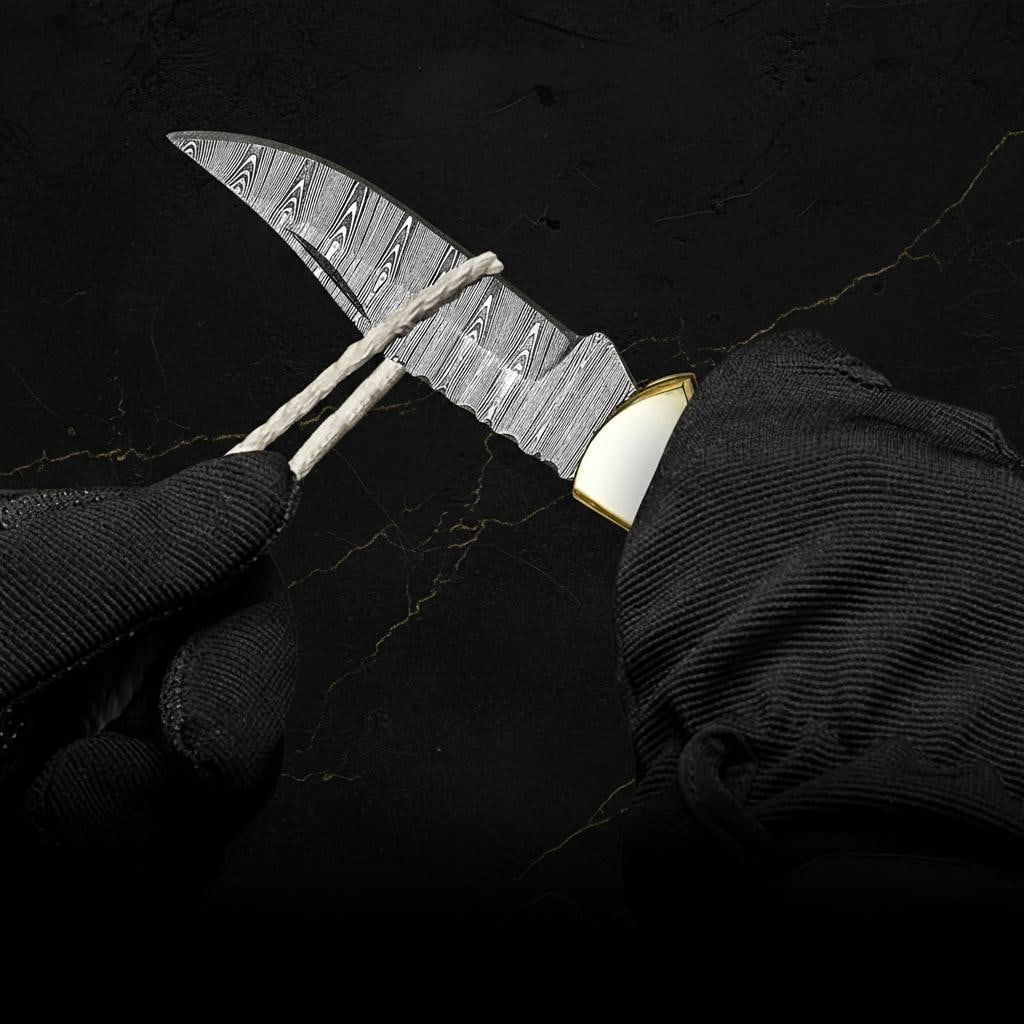 Twisted Damascus Steel Folding Pocket Knife with Burnt Camel Bone Handle and Sheath - 4