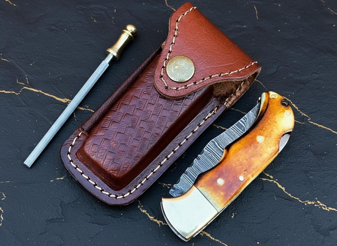 Twisted Damascus Steel Folding Pocket Knife with Burnt Camel Bone Handle and Sheath - 5