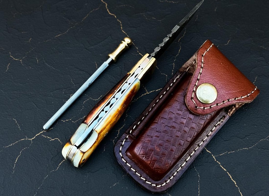 Twisted Damascus Steel Folding Pocket Knife with Burnt Camel Bone Handle and Sheath - 8