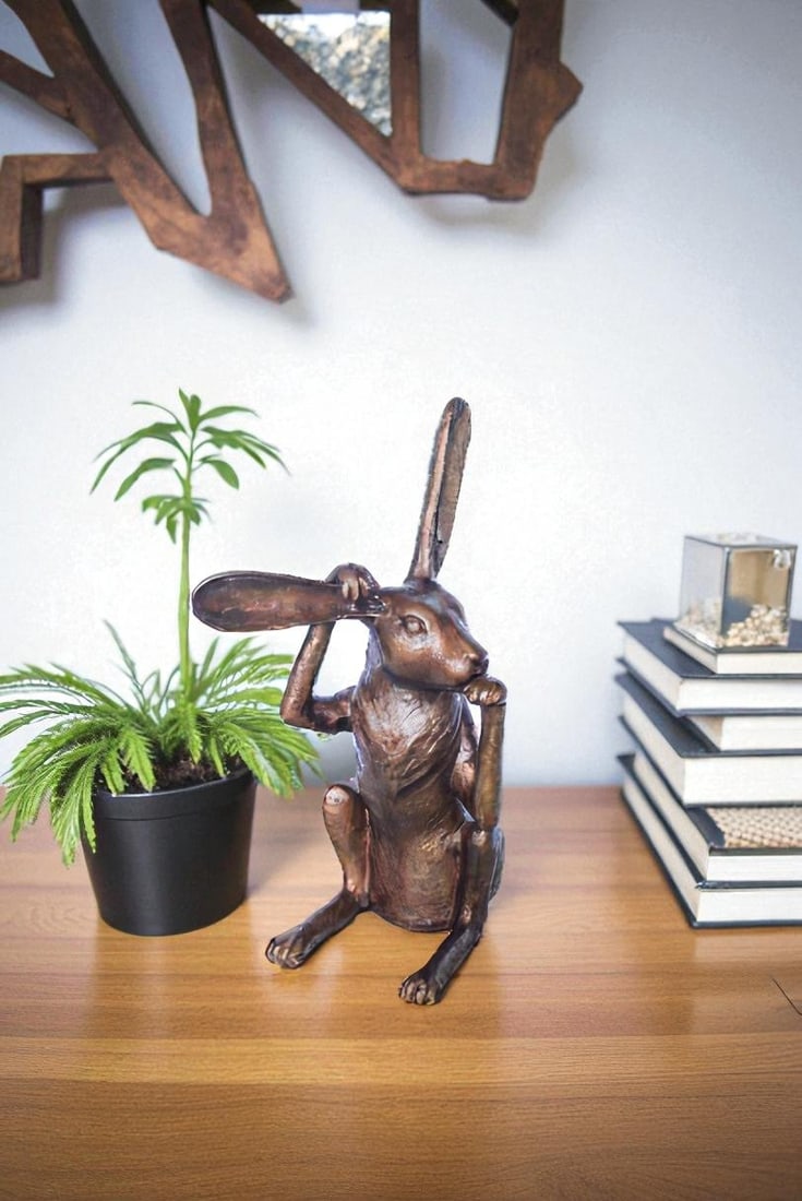 Pondering Bunny Rabbit Bronze Statue, Charming Home Decor 8" x 14" x 22"H - 3