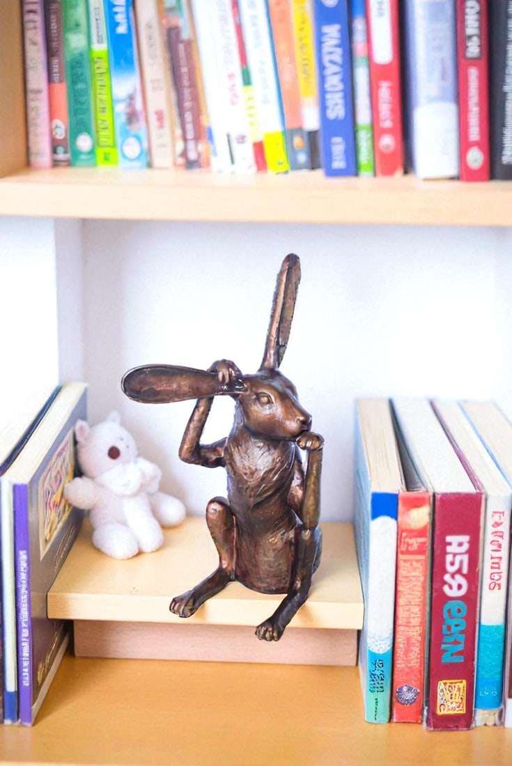 Pondering Bunny Rabbit Bronze Statue, Charming Home Decor 8" x 14" x 22"H - 5
