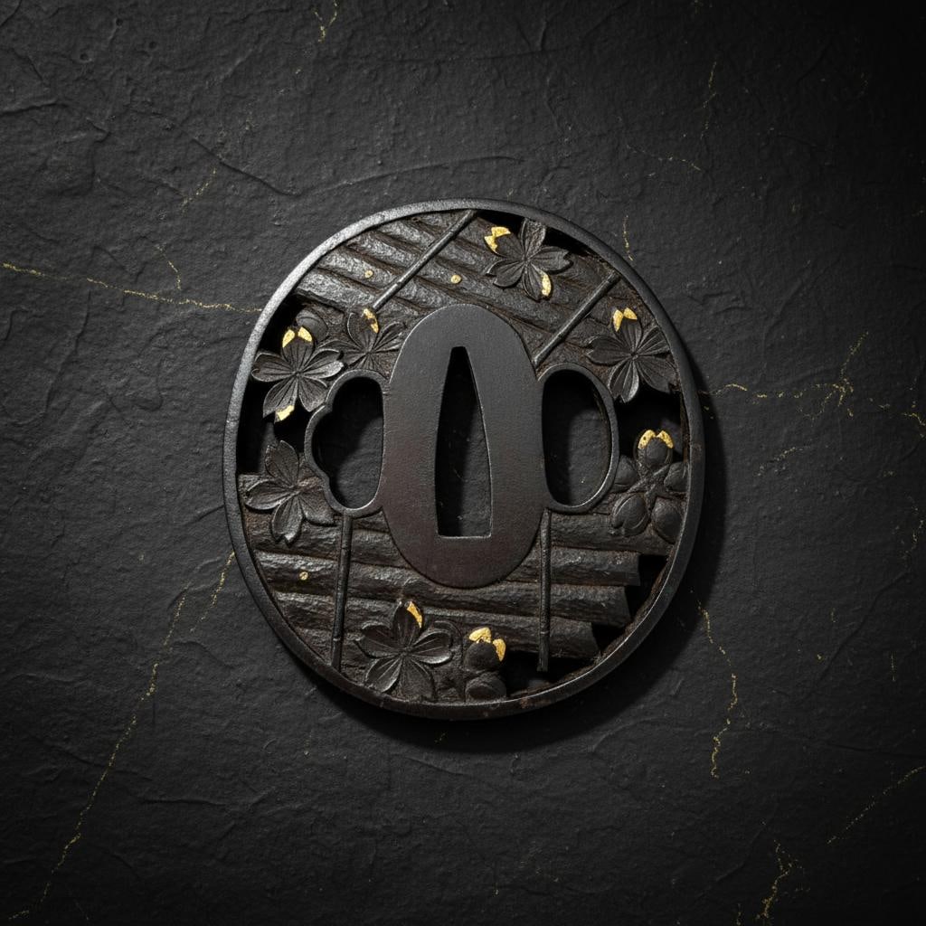Masatsune Signed Iron Tsuba, Edo Period Samurai Sword Guard, Hanaikada Sukashi - 2
