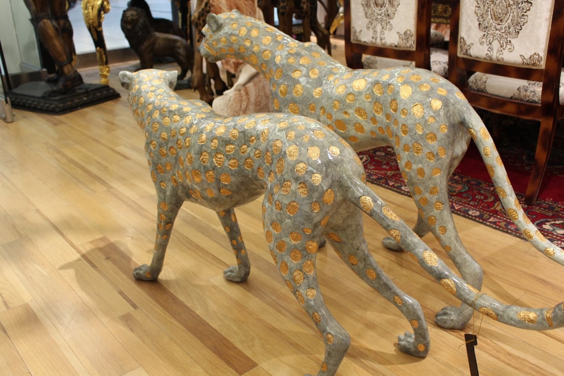 Pair of Golden-Plated Cheetahs Bronze Statue - Size: 58"L x 10"W x 31"H. - 9