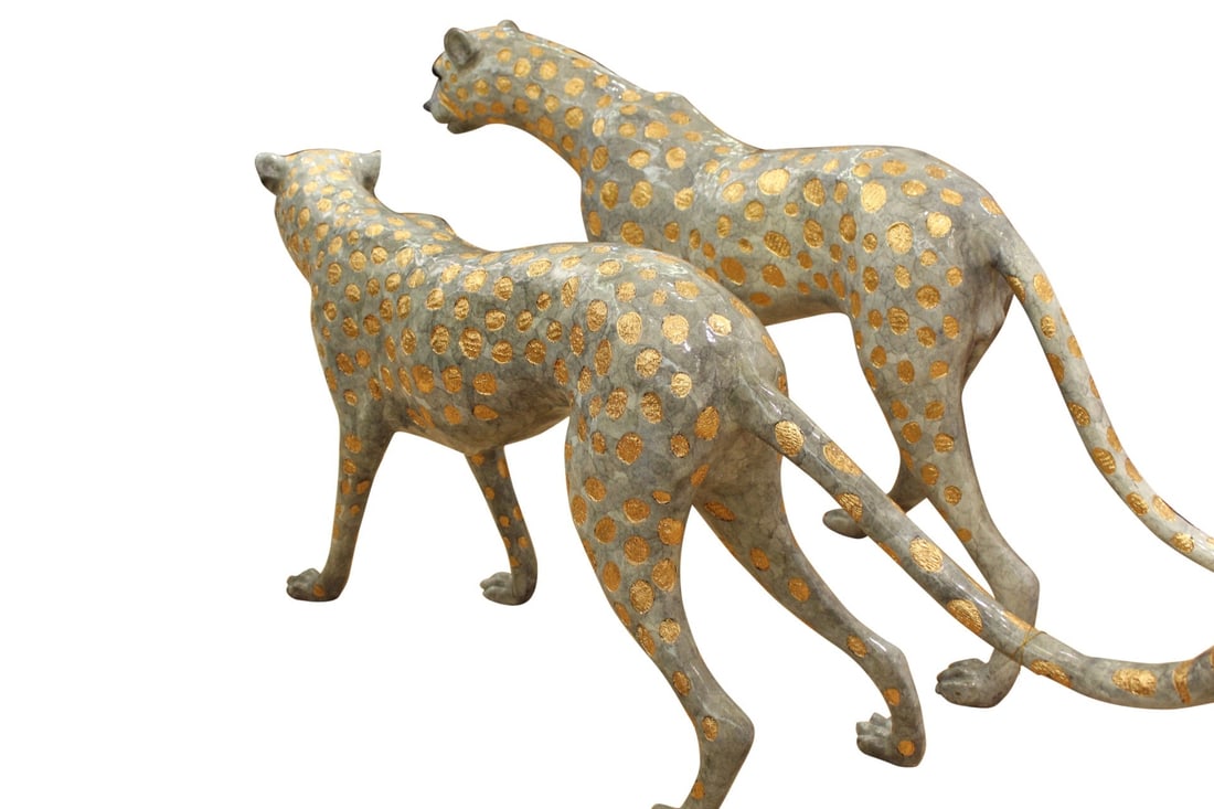 Pair of Golden-Plated Cheetahs Bronze Statue - Size: 58"L x 10"W x 31"H.: Title:Pair of Golden-Plated Cheetahs Bronze Statue - Size: 58"L x 10"W x 31"H.Description:Standing in a classic pose, this pair of Golden-Plated Cheetahs are always aware of its surroundings. This