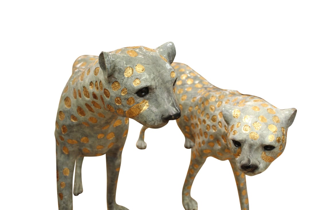 Pair of Golden-Plated Cheetahs Bronze Statue - Size: 58"L x 10"W x 31"H. - 2