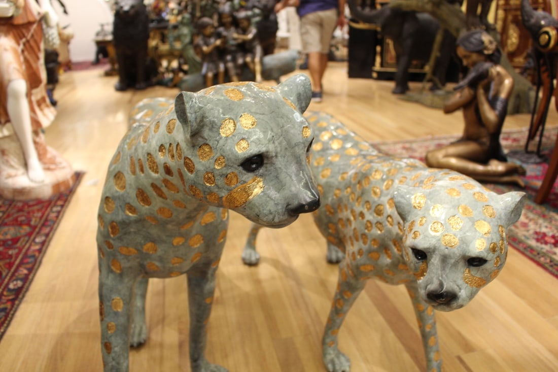 Pair of Golden-Plated Cheetahs Bronze Statue - Size: 58"L x 10"W x 31"H. - 3