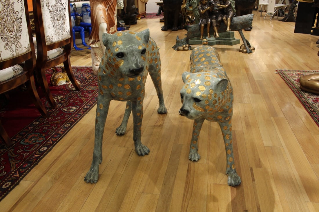Pair of Golden-Plated Cheetahs Bronze Statue - Size: 58"L x 10"W x 31"H. - 4