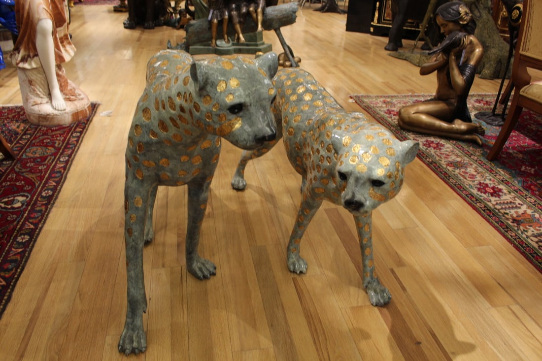 Pair of Golden-Plated Cheetahs Bronze Statue - Size: 58"L x 10"W x 31"H. - 5