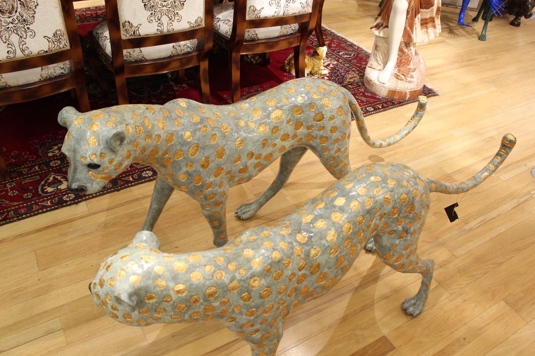 Pair of Golden-Plated Cheetahs Bronze Statue - Size: 58"L x 10"W x 31"H. - 6