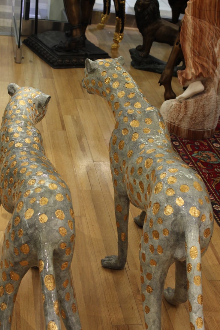 Pair of Golden-Plated Cheetahs Bronze Statue - Size: 58"L x 10"W x 31"H. - 8
