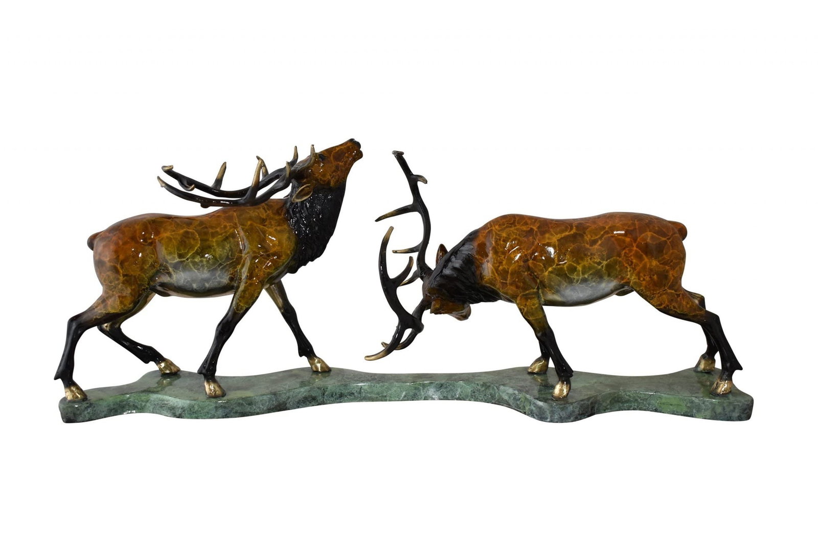 Fighting Deer Bronze Statue Mounted on a Marble Base Size: 32" x 8" x 14"H: Title:Fighting Deer Bronze Statue Mounted on a Marble Base Size: 32" x 8" x 14"H Description:This tabletop bronze statue presents two fighting deers casted in the traditional lost-wax method. Any fan