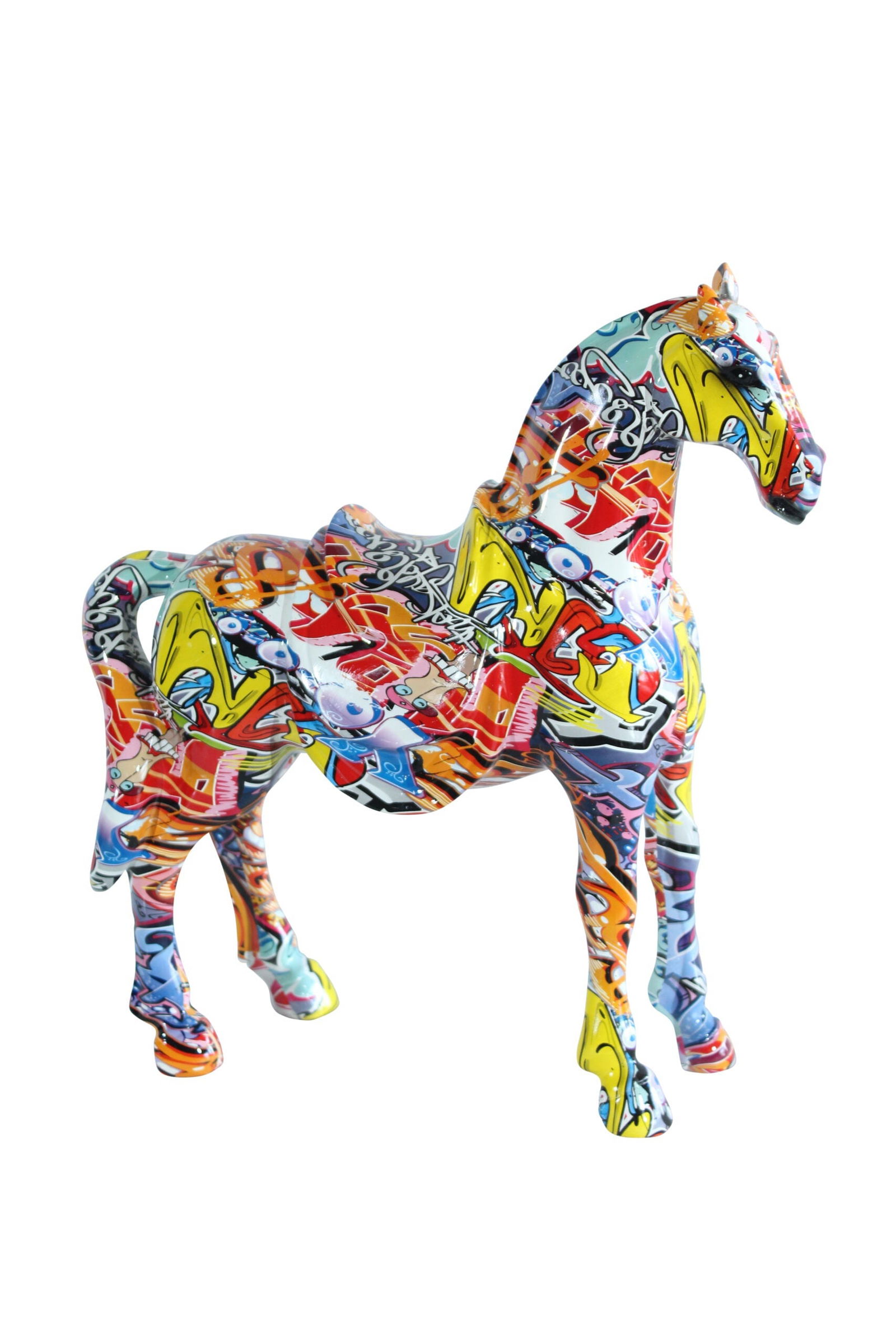 Resin Horse Statue - Hand-Painted Abstract Graffiti-Style Figurine with Built-in Saddle, Colorful: Title:Resin Horse Statue - Hand-Painted Abstract Graffiti-Style Figurine with Built-in Saddle, Colorful Modern Home & Office Decor Accent, Durable Resin Sculpture 14" x 5" x 15"HDescription:Vibrant
