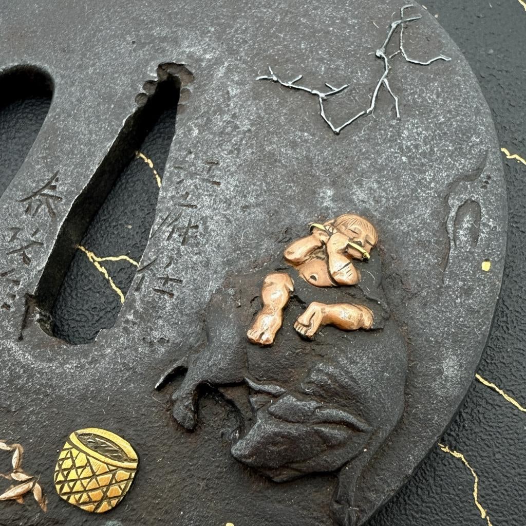 Antique Japanese Iron Tsuba by Harumasa Edo Period Zen Jugyu-zu Sword Guard - 4